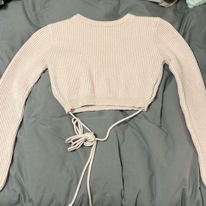 Adika Women's Pink knitted cropped sweater with tie around stomach